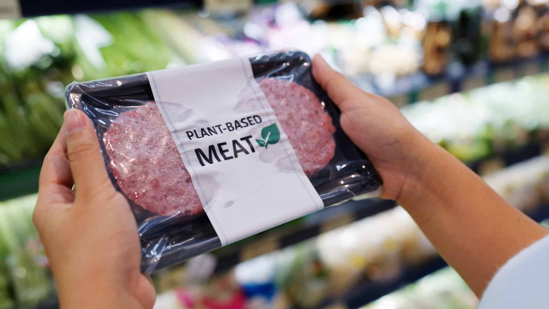 Plant based meat burgers in a package