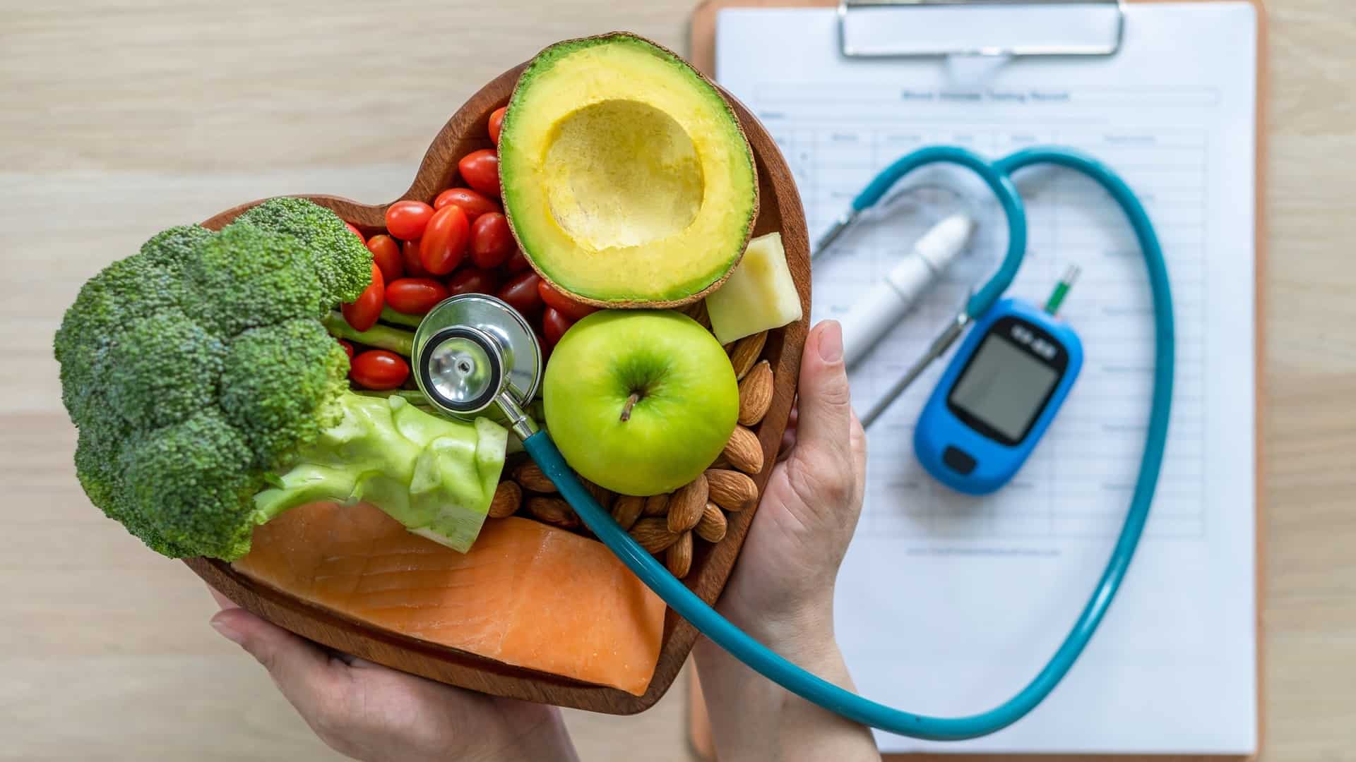 Heart healthy foods on a heart shaped plate