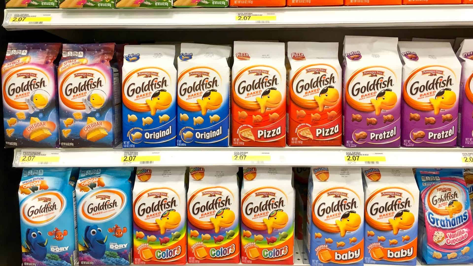 Packages of Goldfish crackers in the grocery store