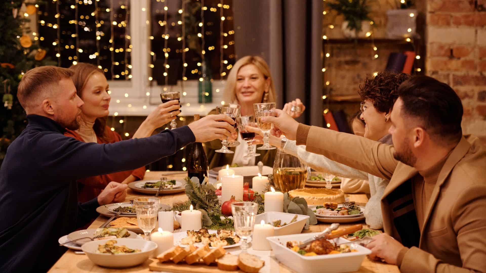 family eating dinner together.