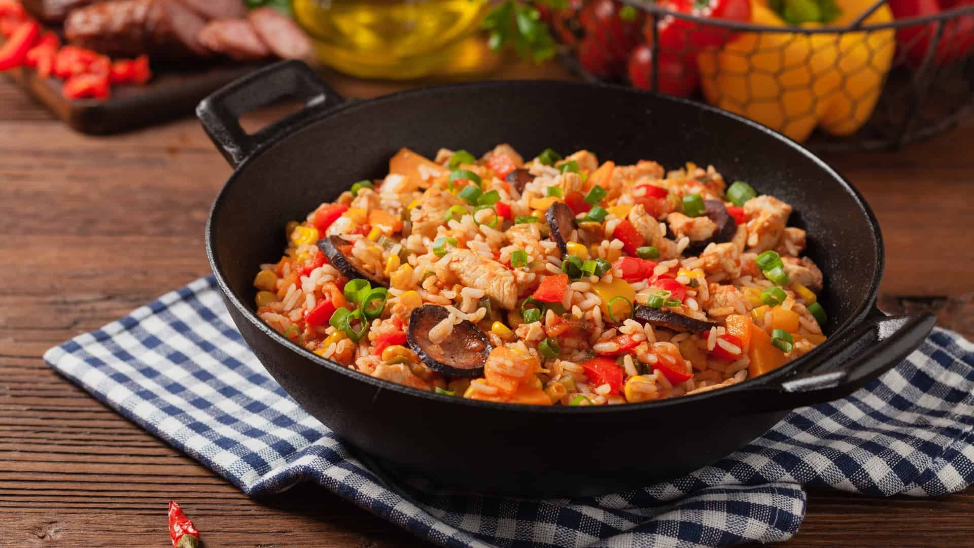 cast iron skillet of jambalaya
