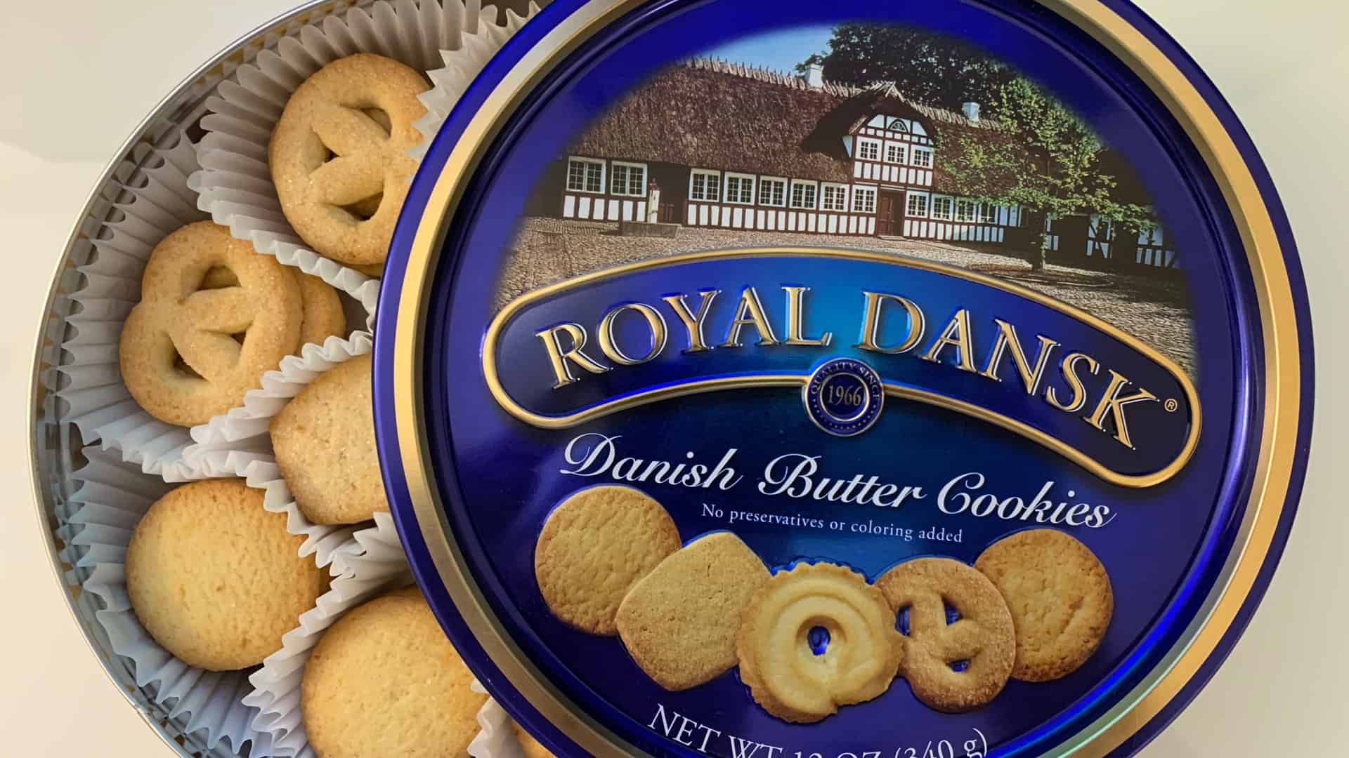 Royal Dansk butter cookies ina blue tin