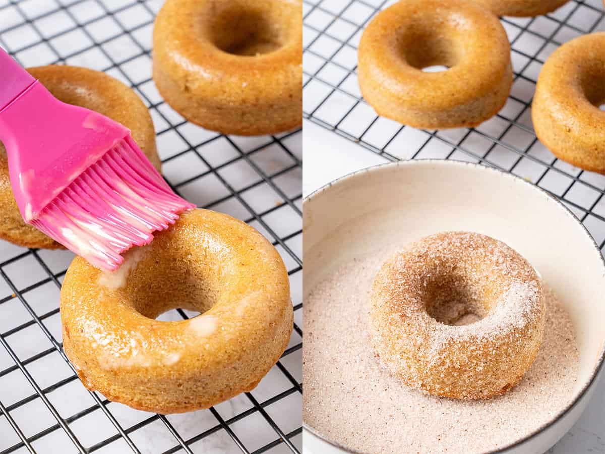 Glazing the donuts and covering them with sugar.