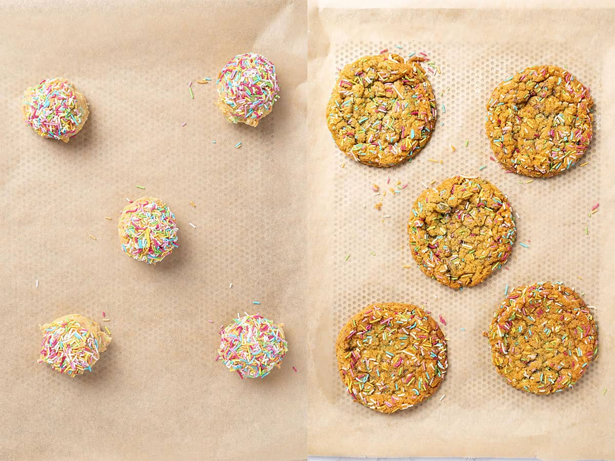 Funfetti cookies on a baking sheet before and after baking.