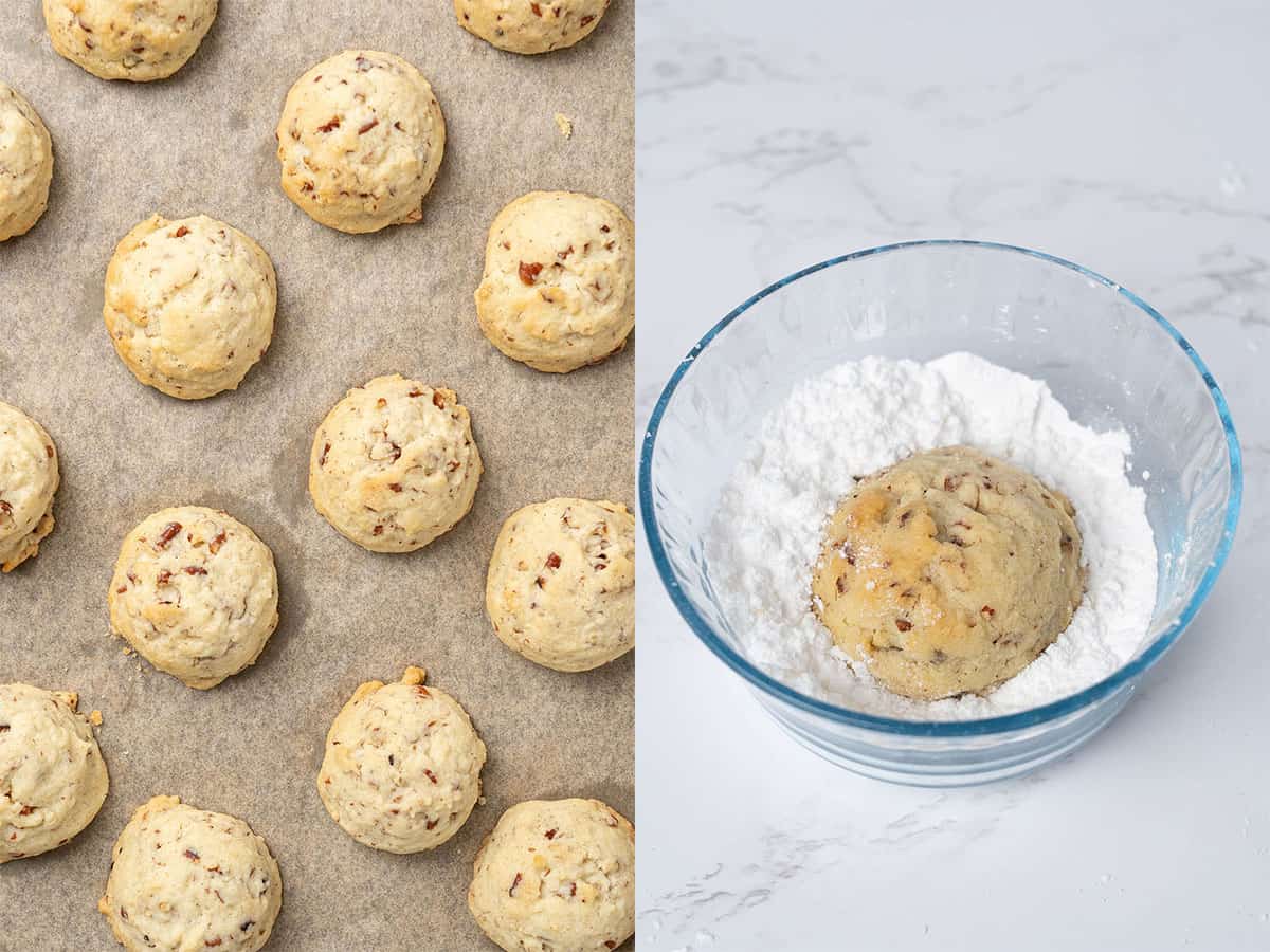 Snowball cookies after baking and covered with powdered sugar.