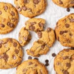 cream cheese chocolate chip cookies on a baking sheet.