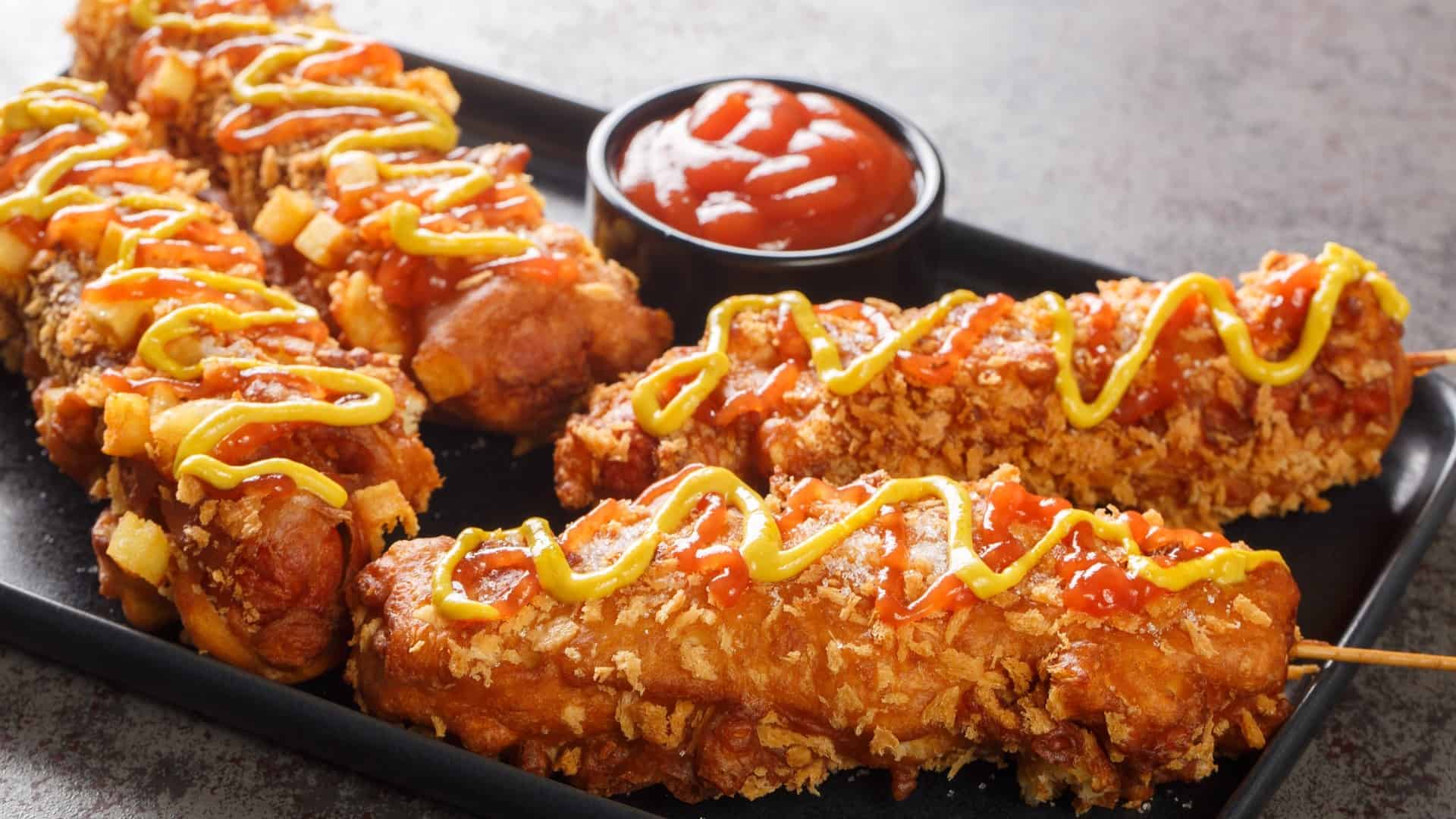 Crunchy corn dogs with ketchup