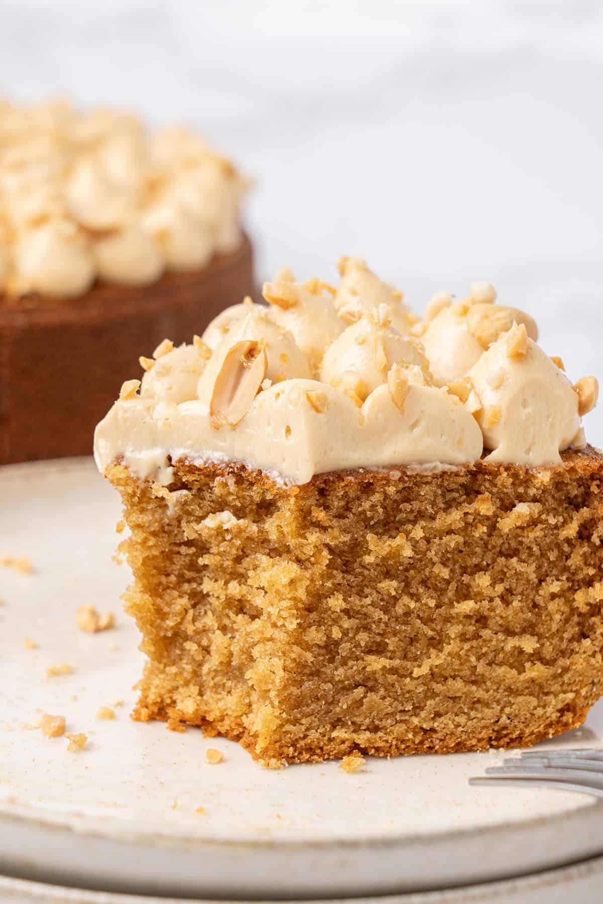 a slice of Peanut butter cake on a cake on a plate.