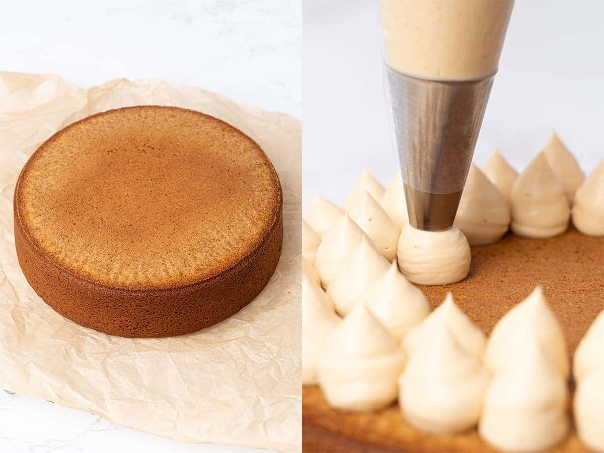 Decorating the peanut butter cake.