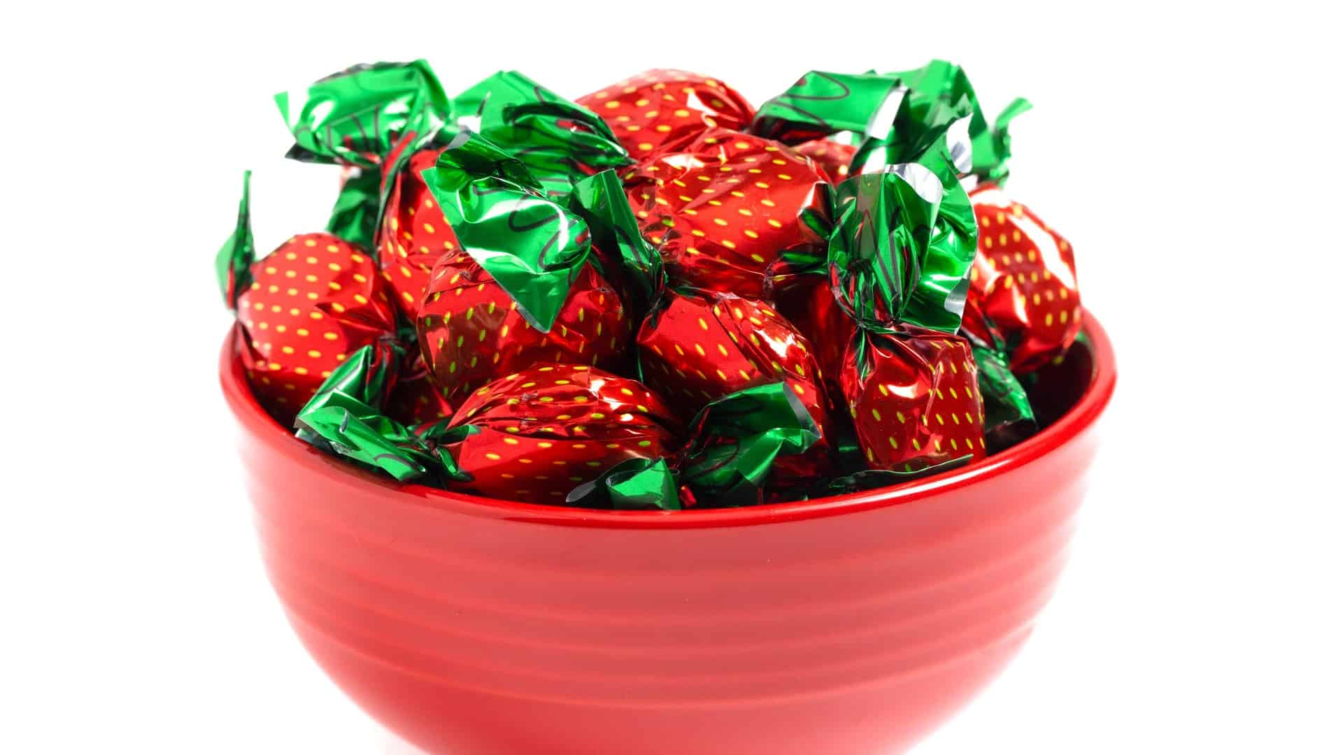 Bowl of strawberry hard candies