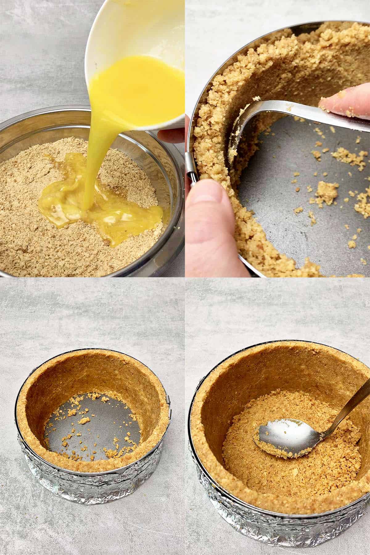 Cheesecake crust assembly process.
