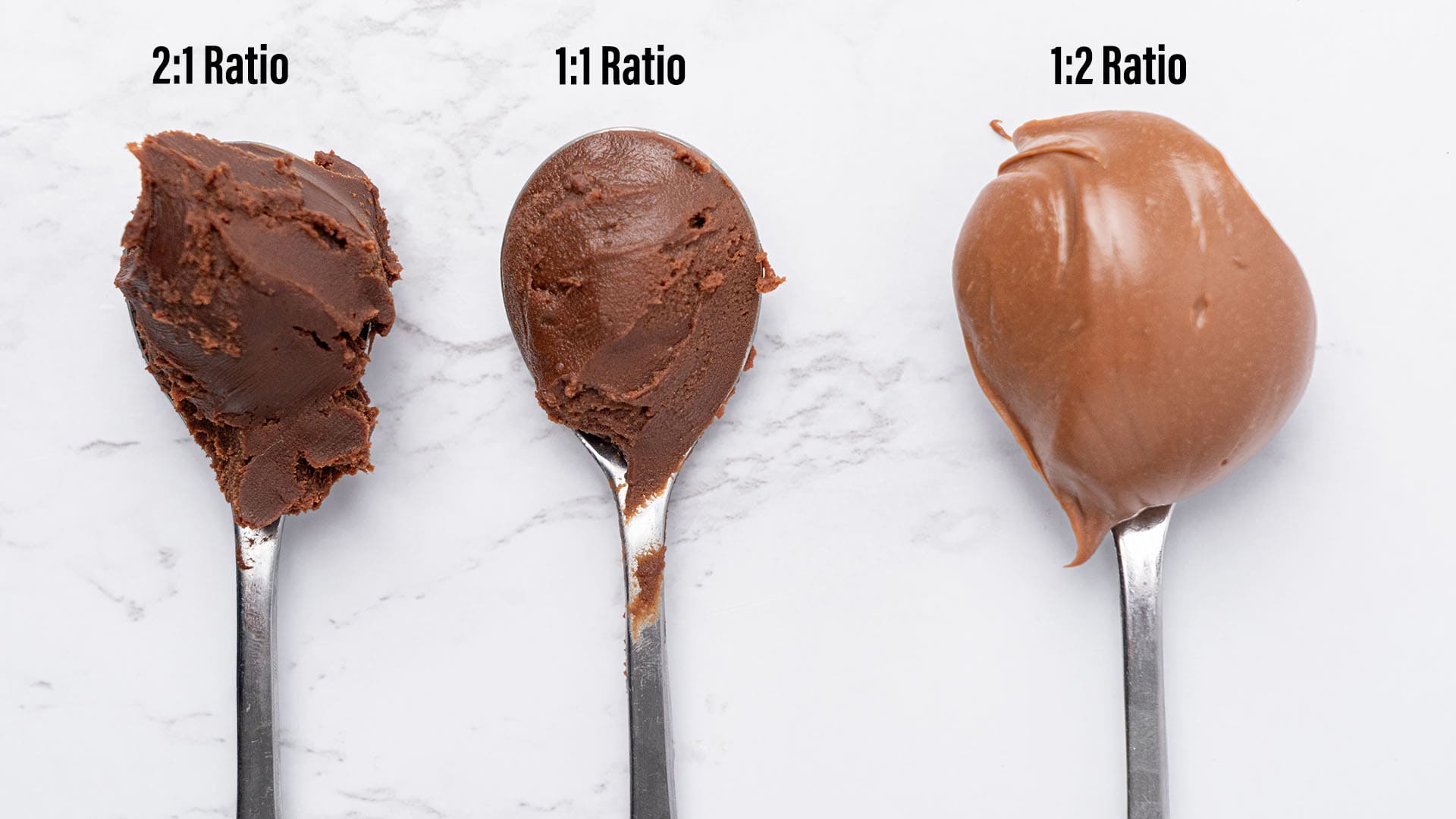 3 spoons with different chocolate ganache ratios.