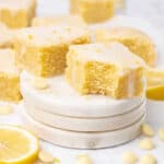 Lemon brownies on a plate.