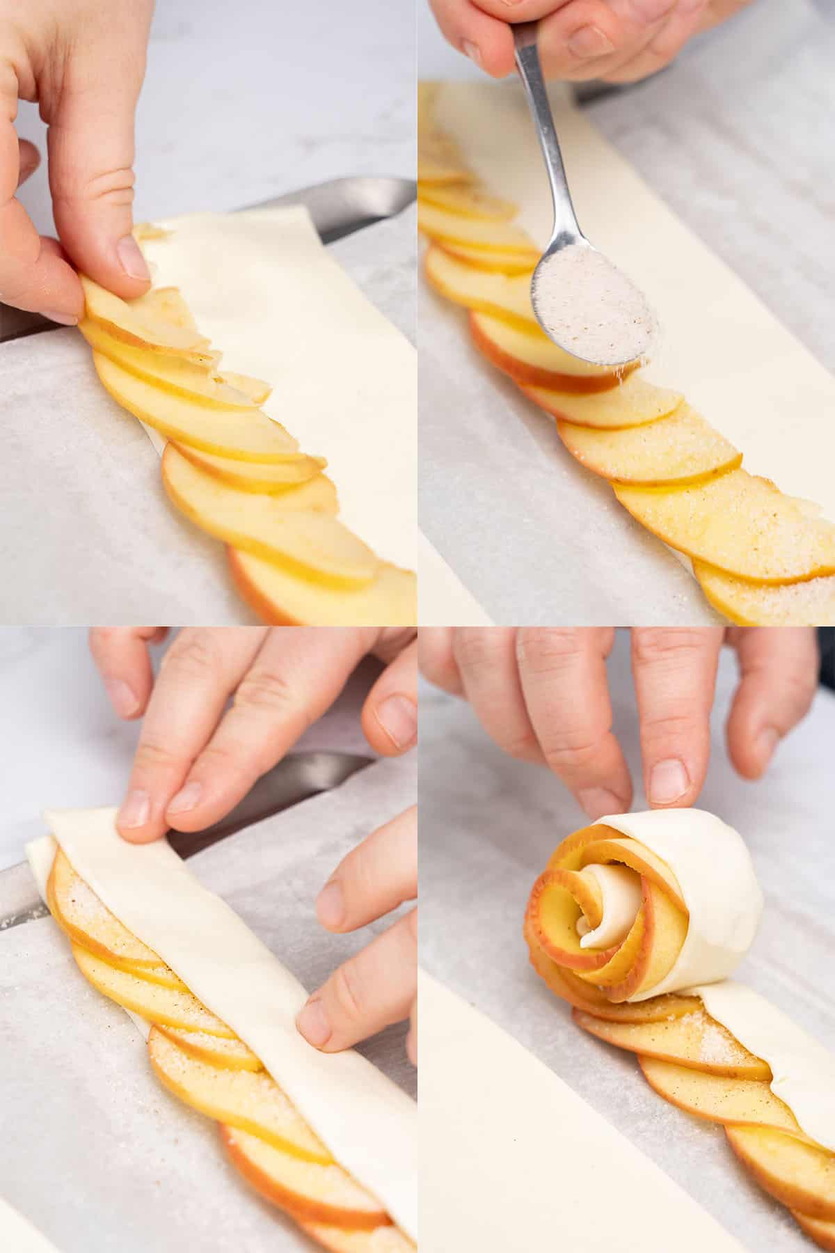 apple puff pastry roses assembly process.