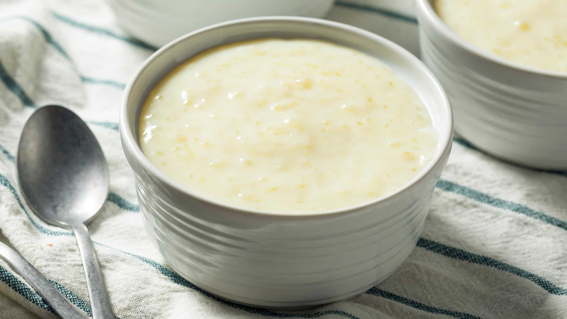 tapioca pudding in a white bowl