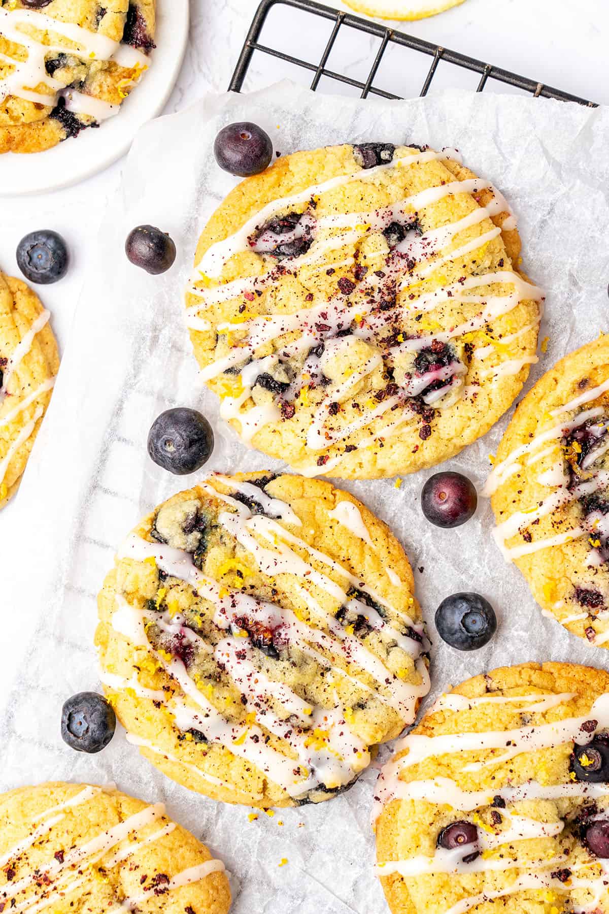 Lemon Blueberry cookies on a cooling rack.