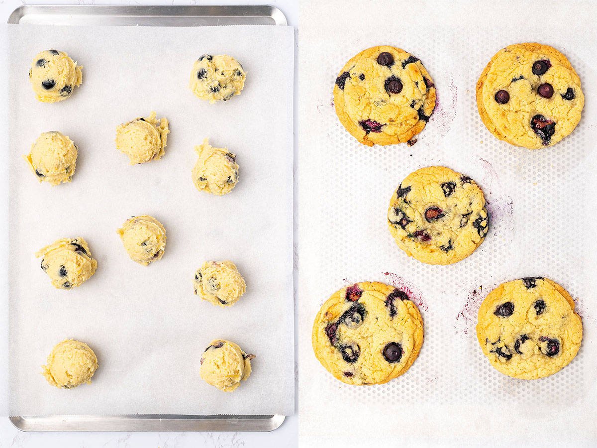 Lemon Blueberry cookies before and after baking.