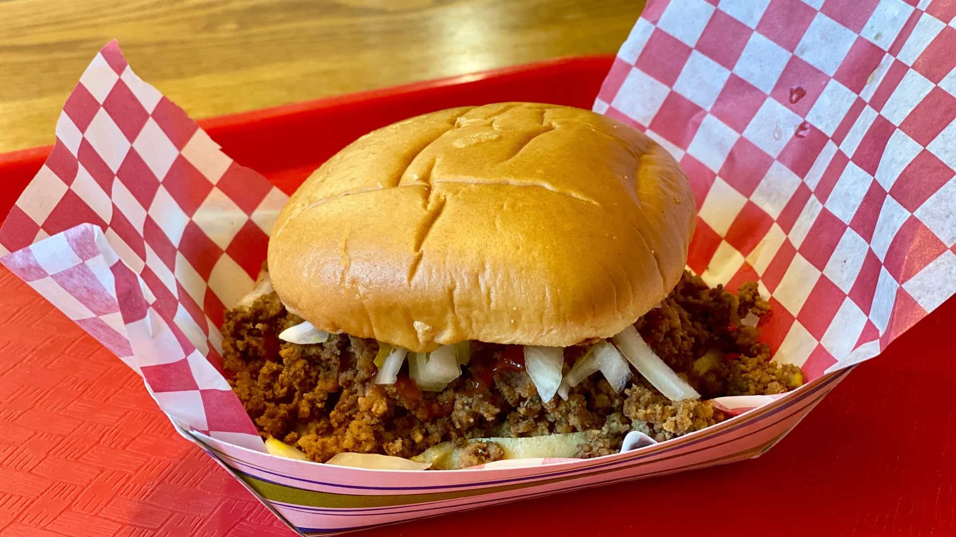 Maid Rite loose meat sandwich