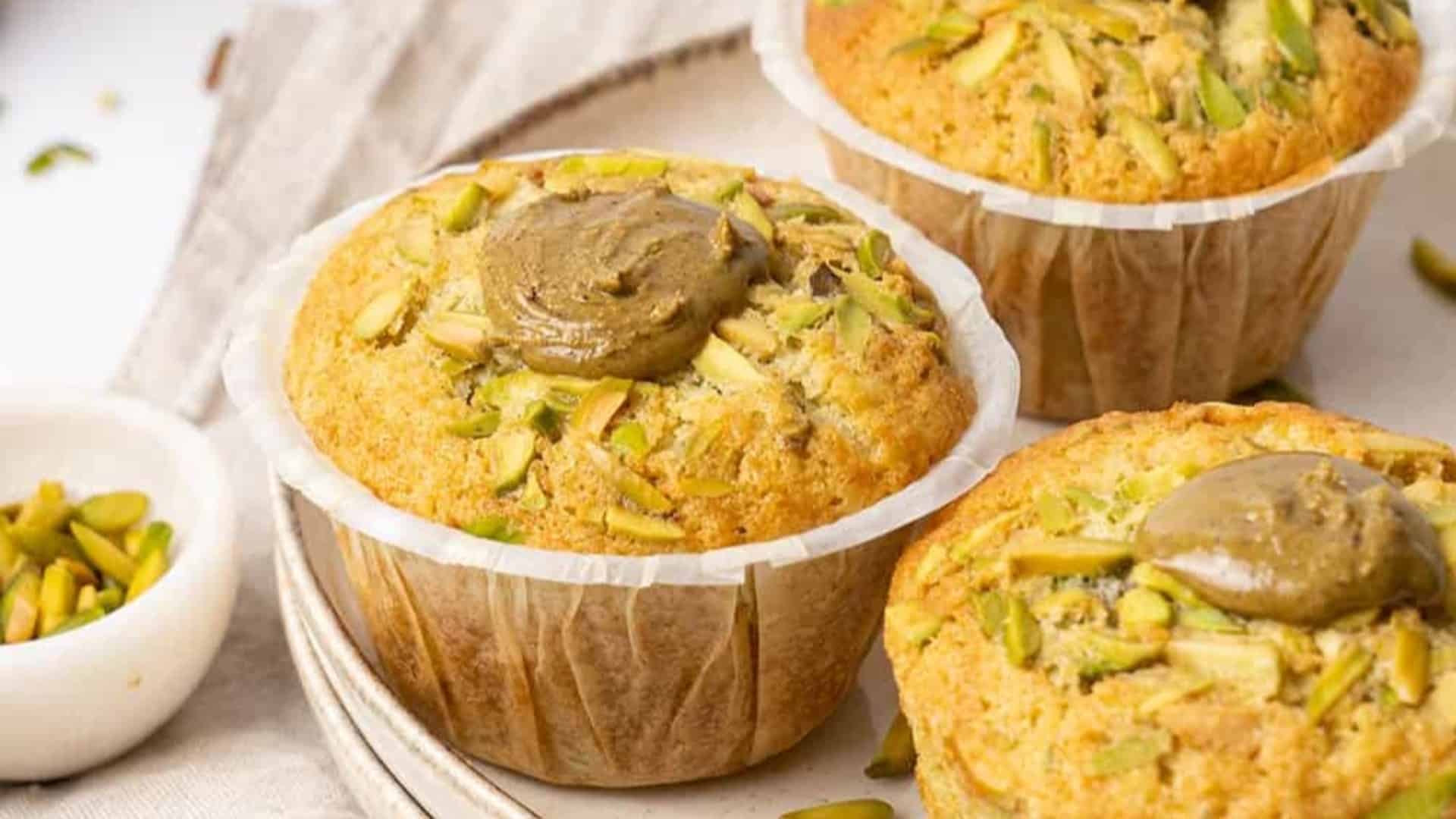 pistachio muffins with pistachio butter on top