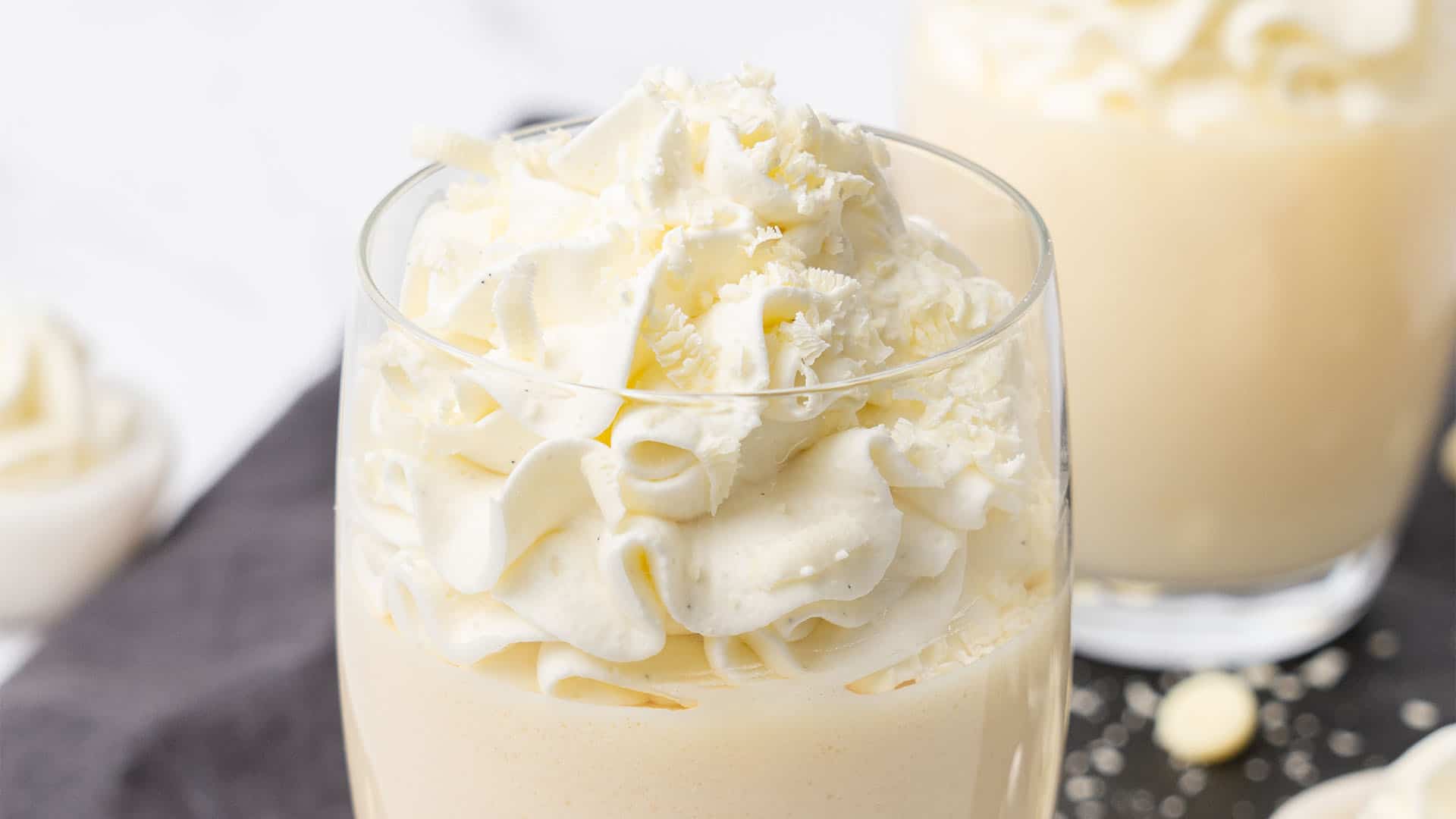 White Chocolate mousse in a glass.