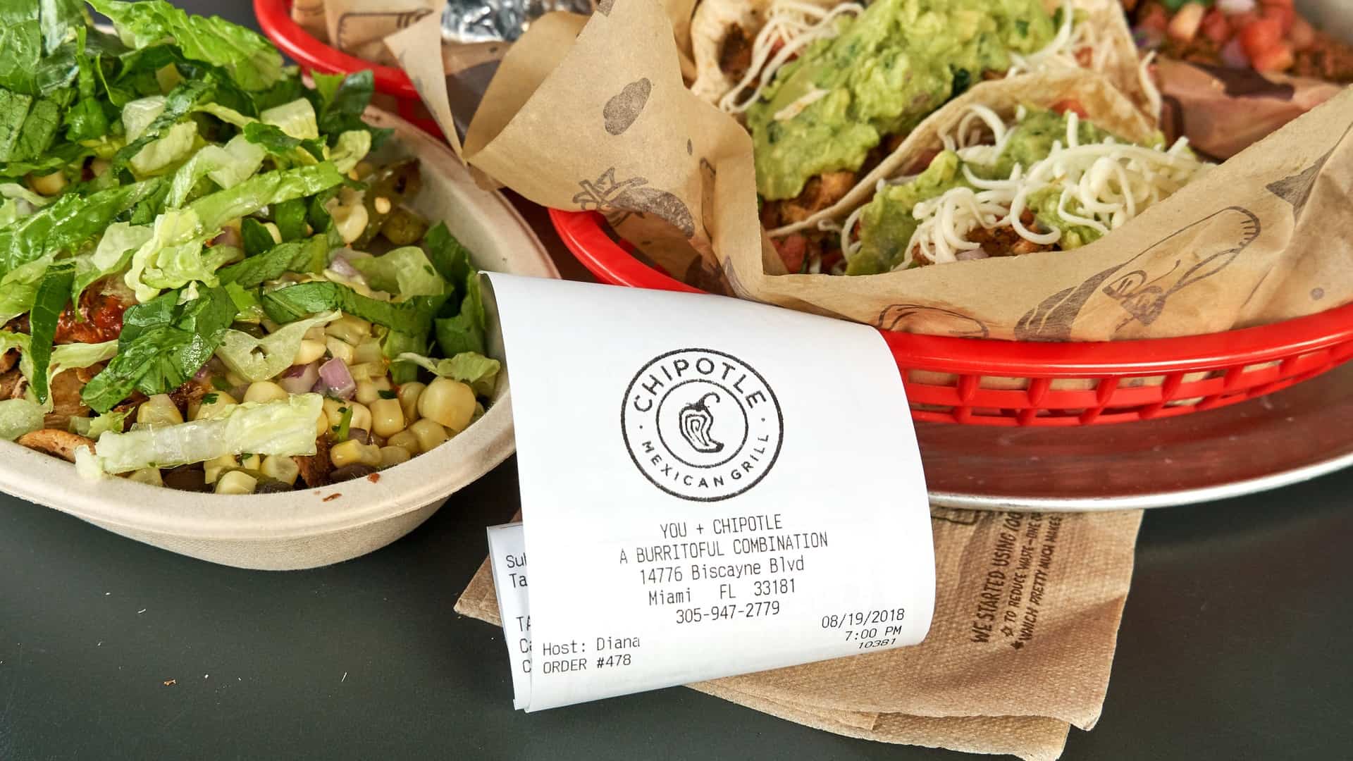 chipotle Mexican Grill order with reciept
