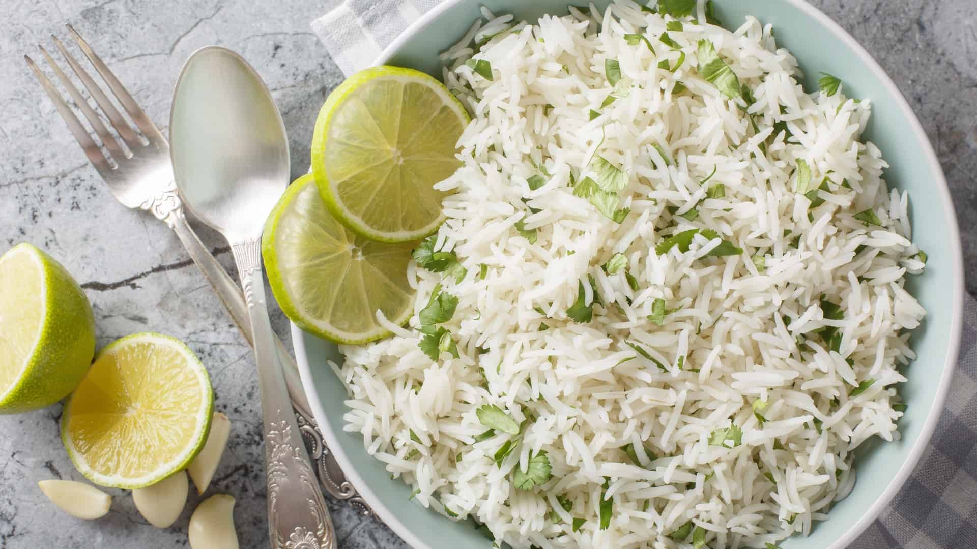 cilantro and lime rice in a white bowl