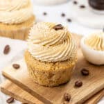 Coffee cupcakes on a cutting board.