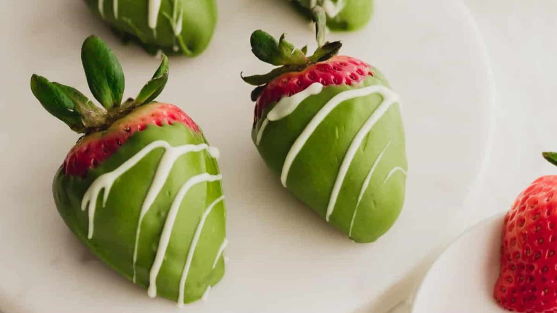 strawberries covered in matcha chocolate