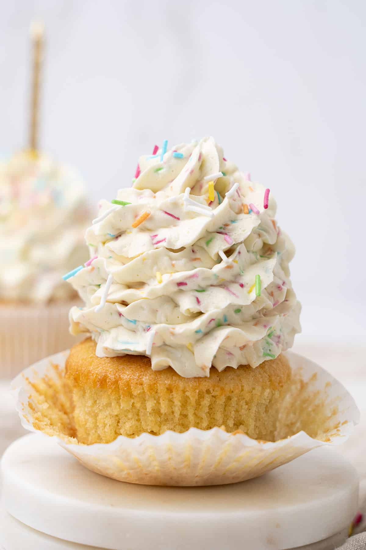 Funfetti frosting on a cupcake.