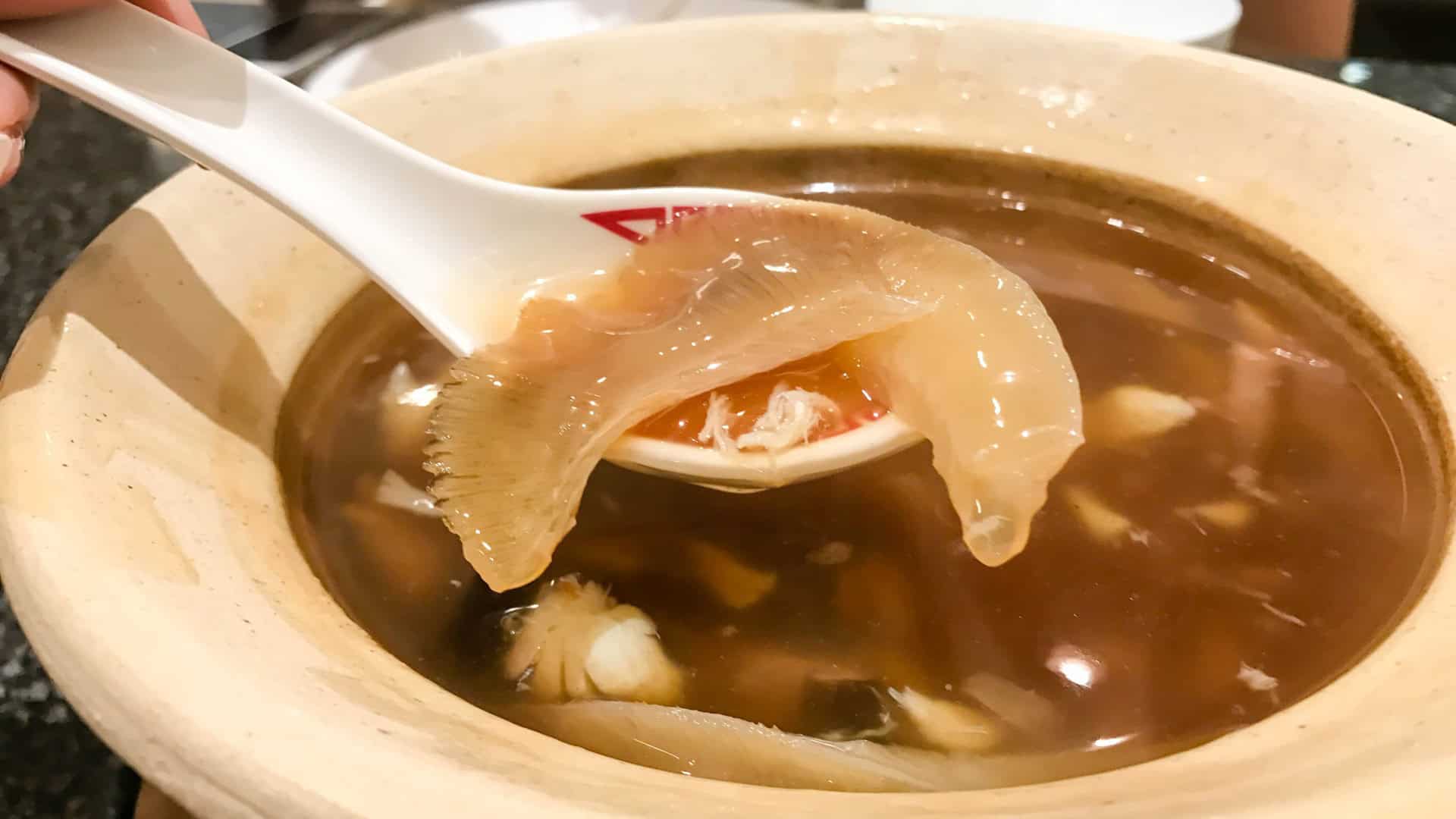 bowl of shark fin soup with a spoon