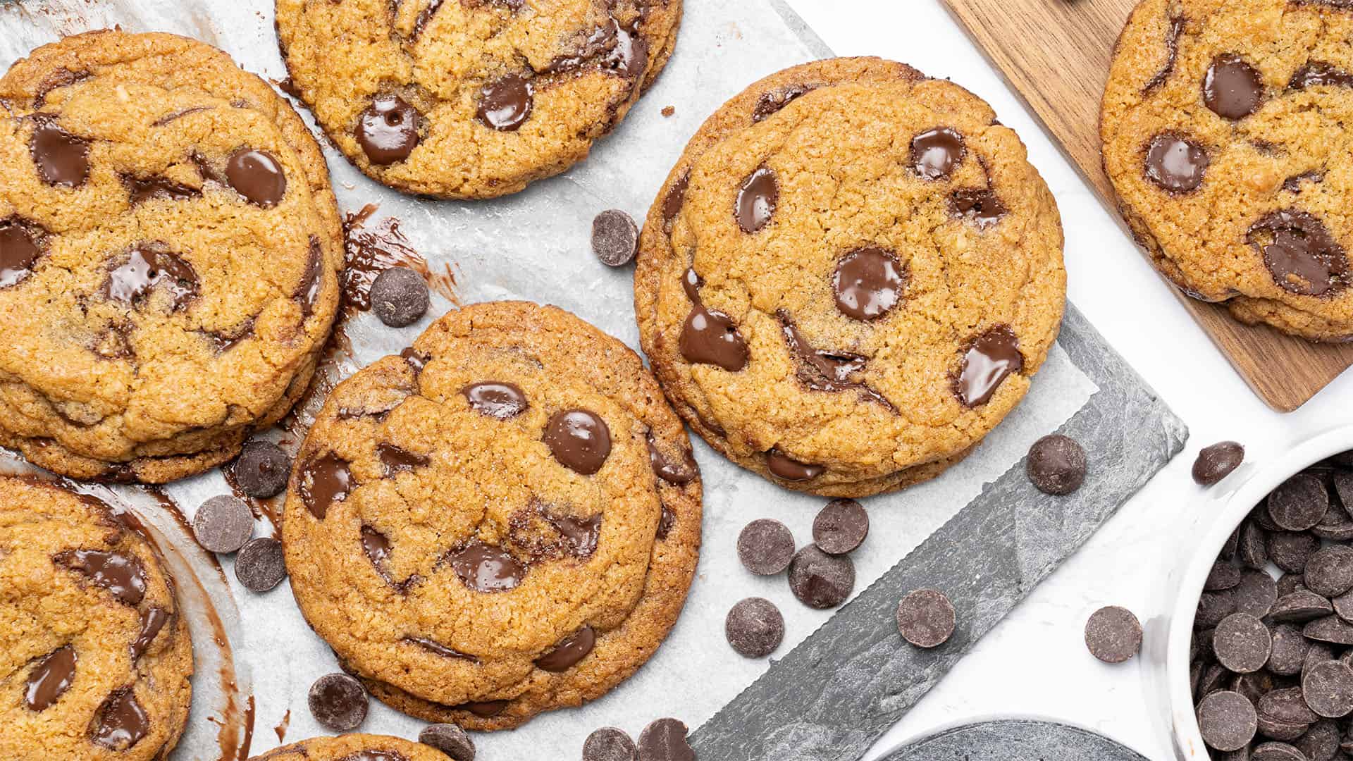 brown butter chocolate chip cookies on a baking sheet.