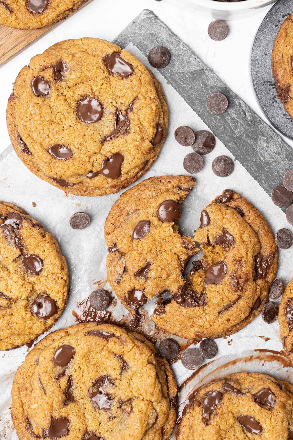 brown butter chocolate chip cookies on a baking sheet.