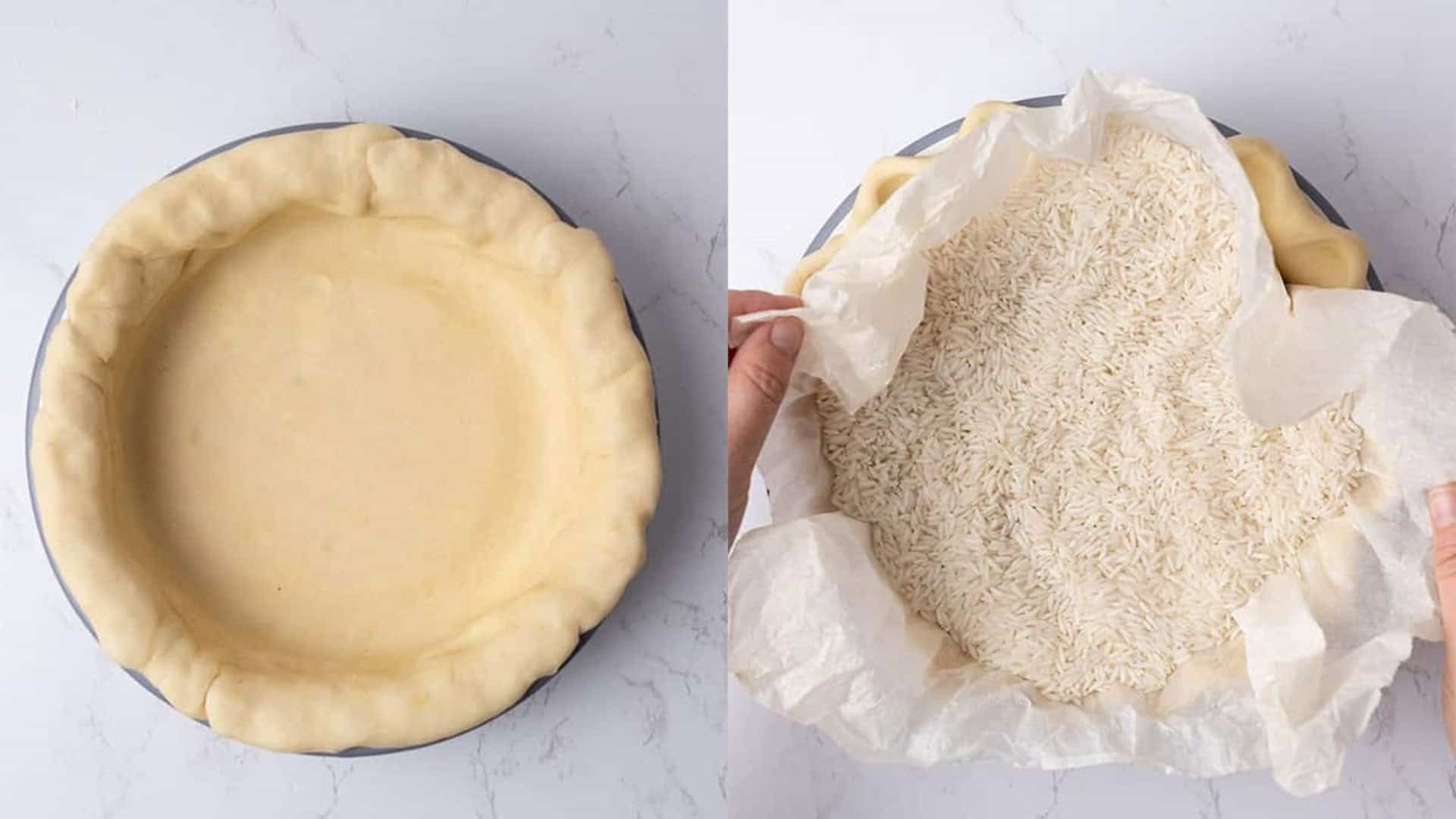 blind baking a pie crust using parchment paper and rice