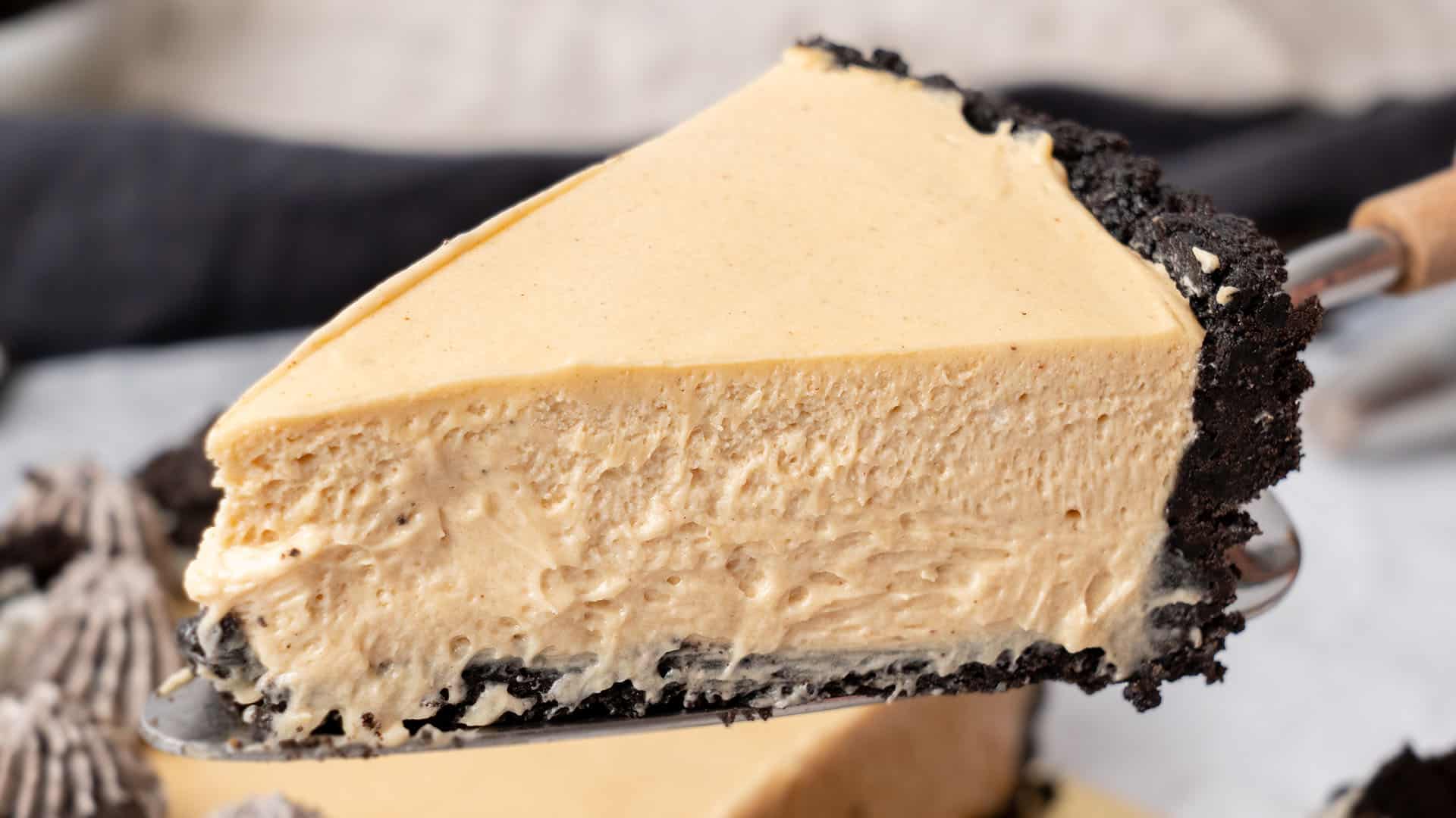 a slice of No Bake Peanut Butter Pie on a spoon.