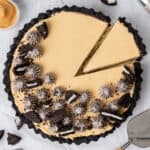 No Bake Peanut Butter Pie on a cake stand.