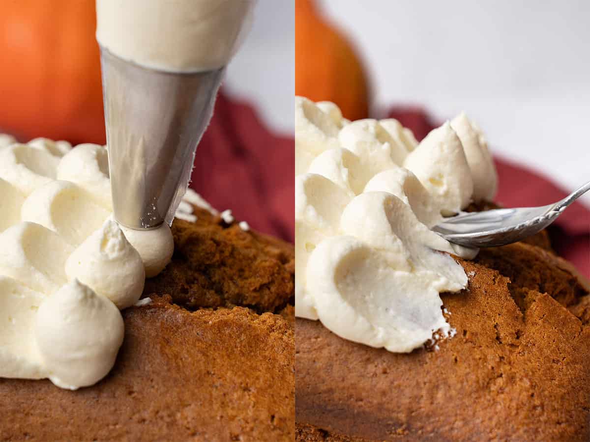 decorating the pumpkin bread with cream cheese frosting.
