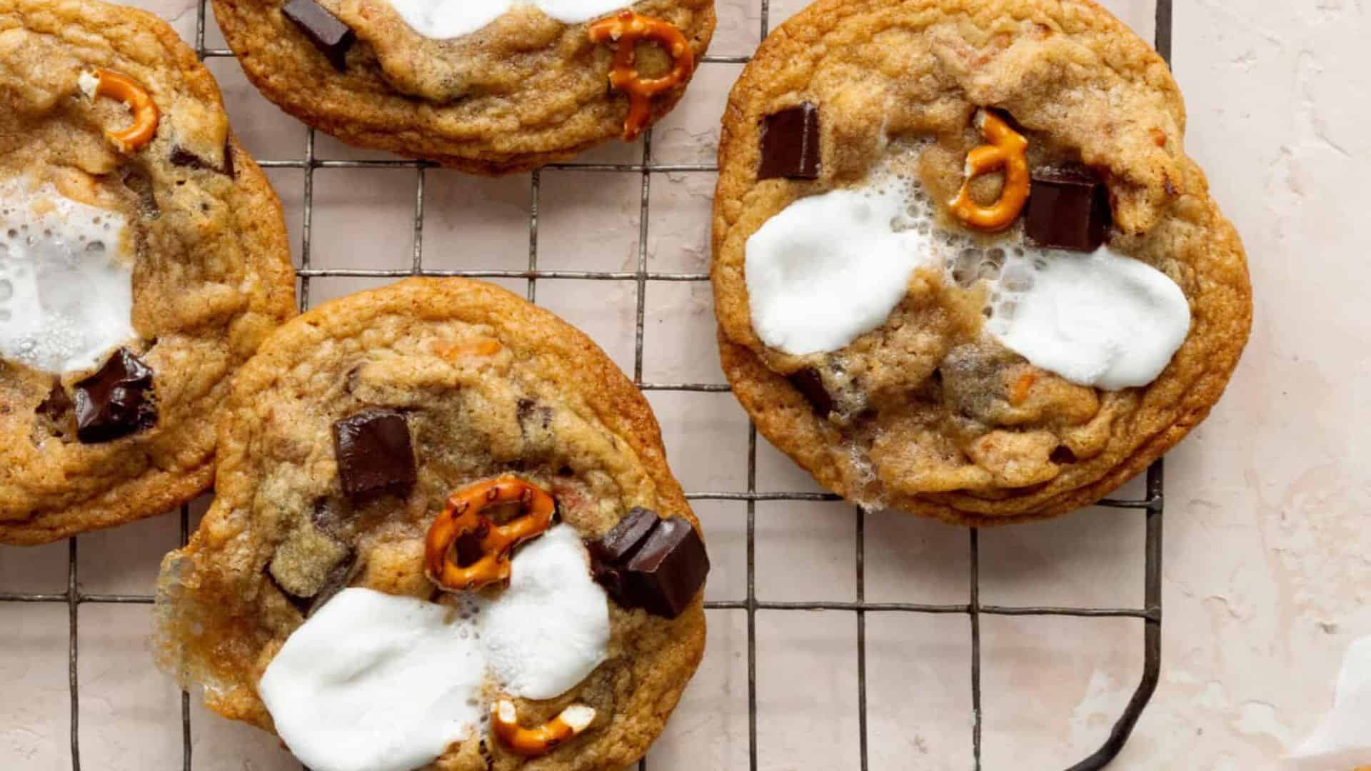 Chewy Chocolate Chip, Marshmallow, and Pretzel Cookies.