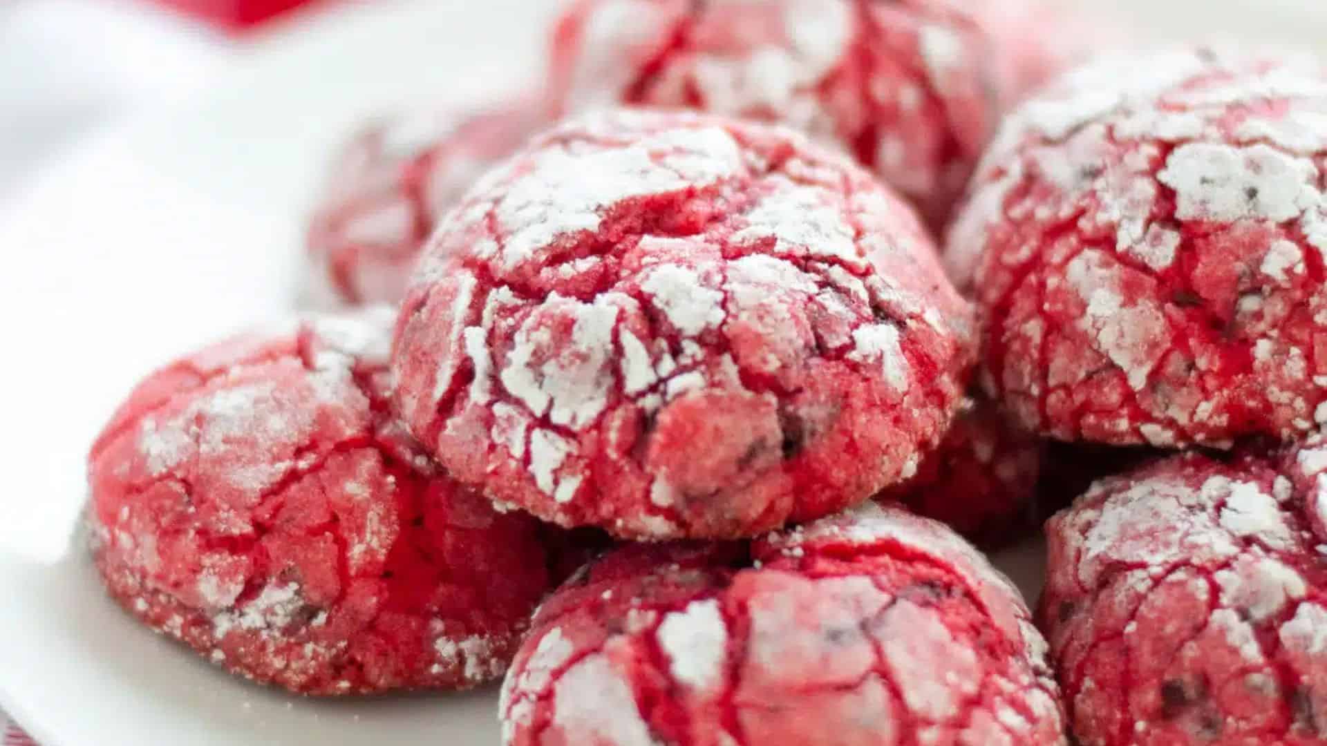 A plate of cherry chocolate crinkle cookies.