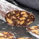 Chocolate salami on a cutting board.