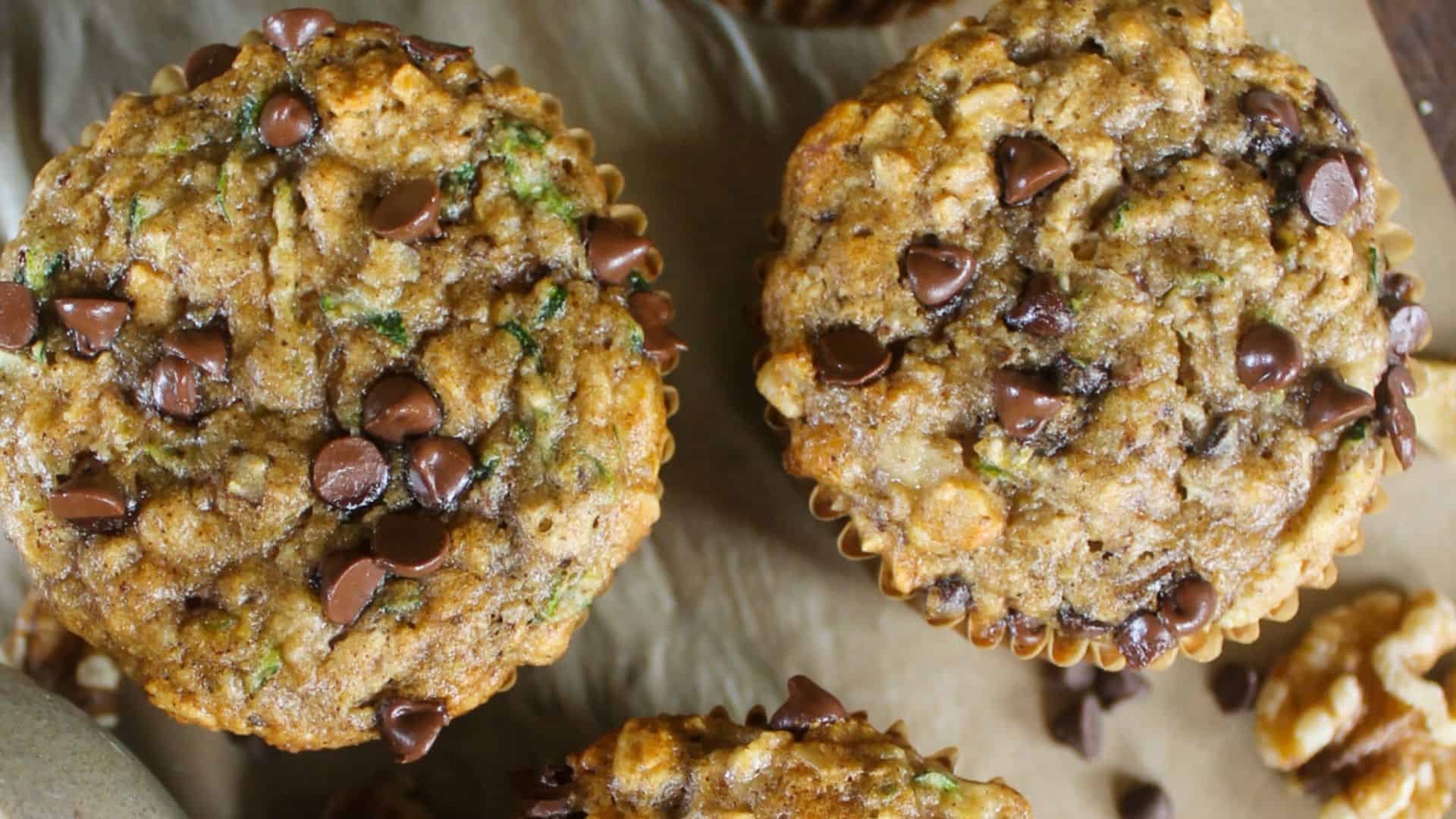 Muffins with zucchini and chocolate chips.