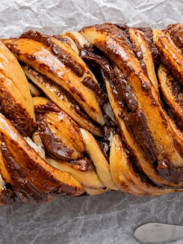 Nutella babka on a cutting board.