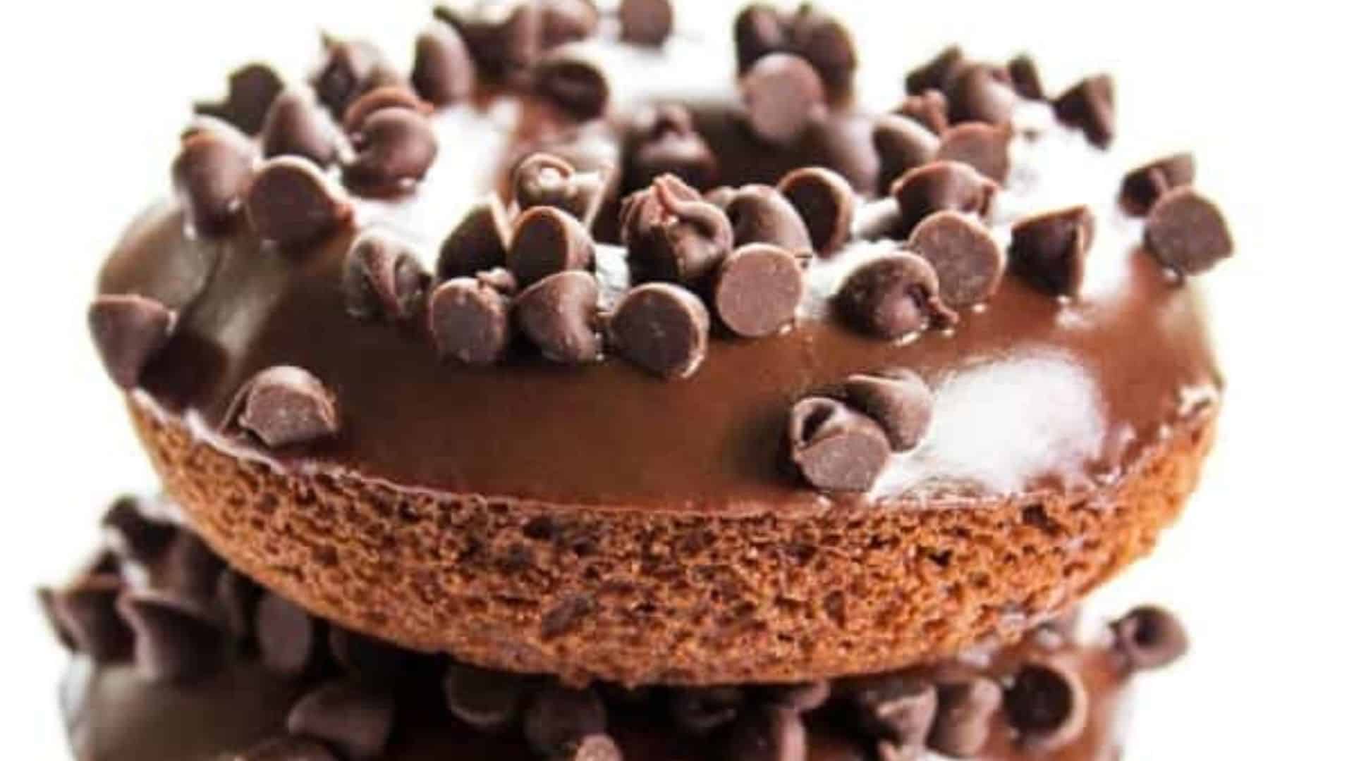 A stack of triple chocolate baked donuts.