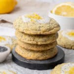lemon poppy seed cookies on a cutting board.