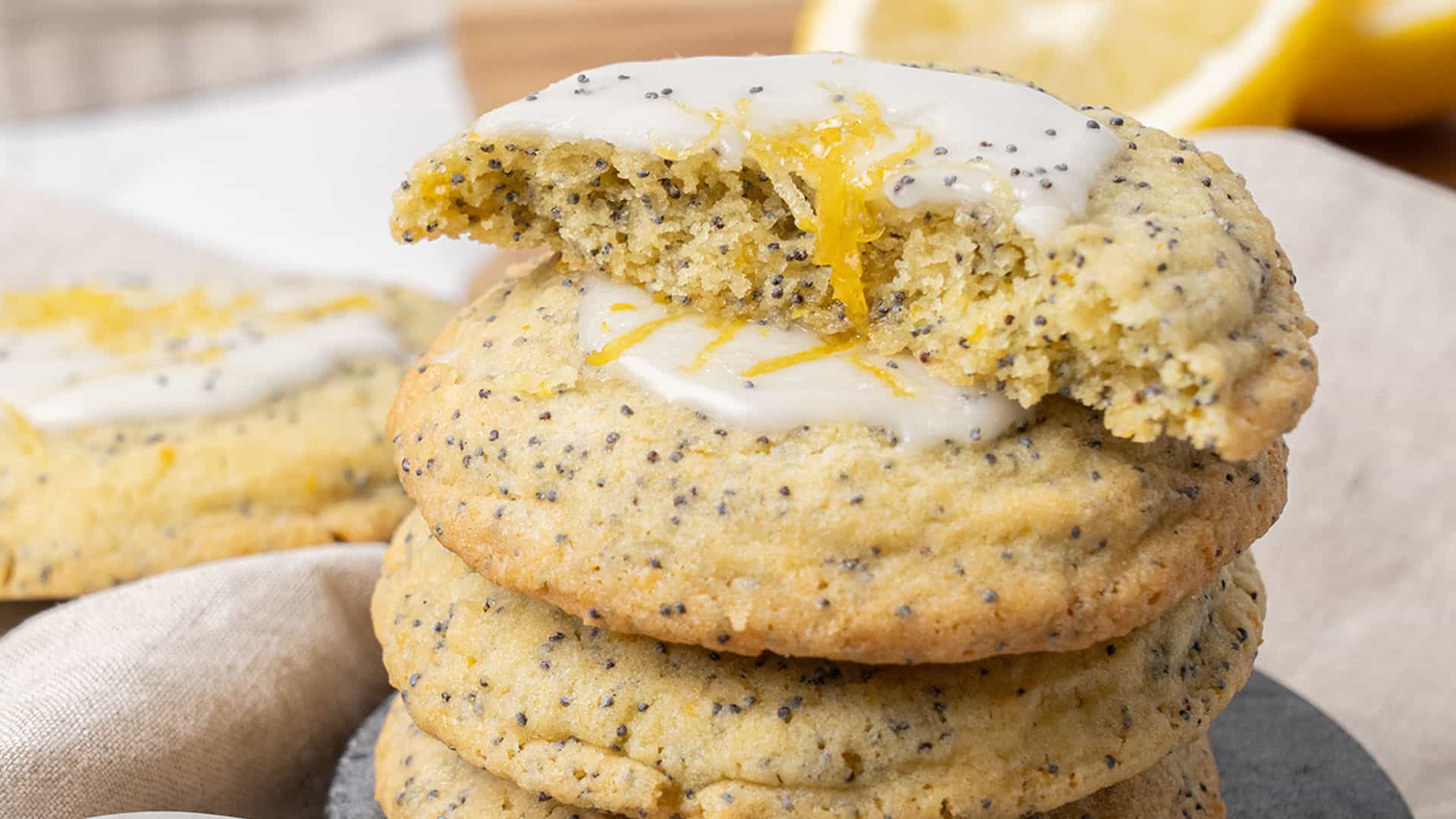 lemon poppy seed cookies on a cutting board.