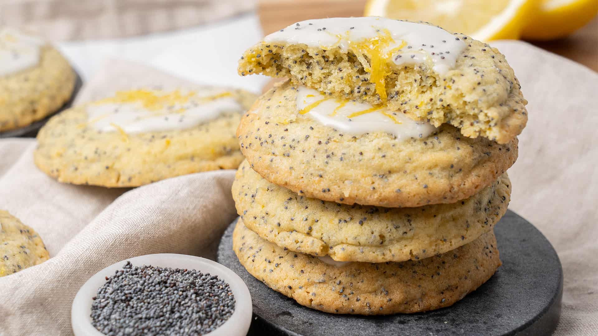 lemon poppy seed cookies on a cutting board.