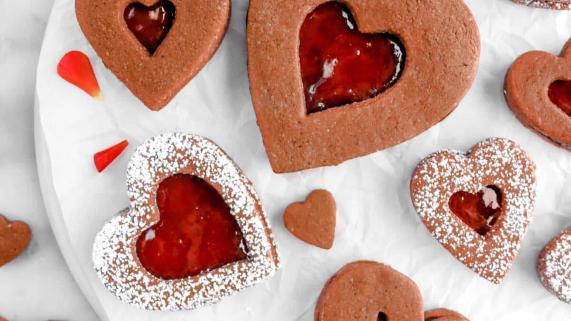 Chocolate and Strawberry Linzer Cookies.