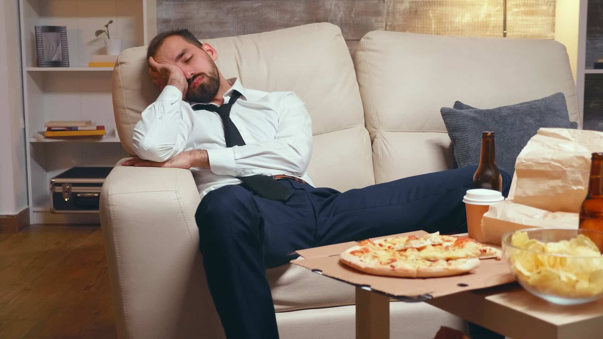 man tired of eating fast food pizza