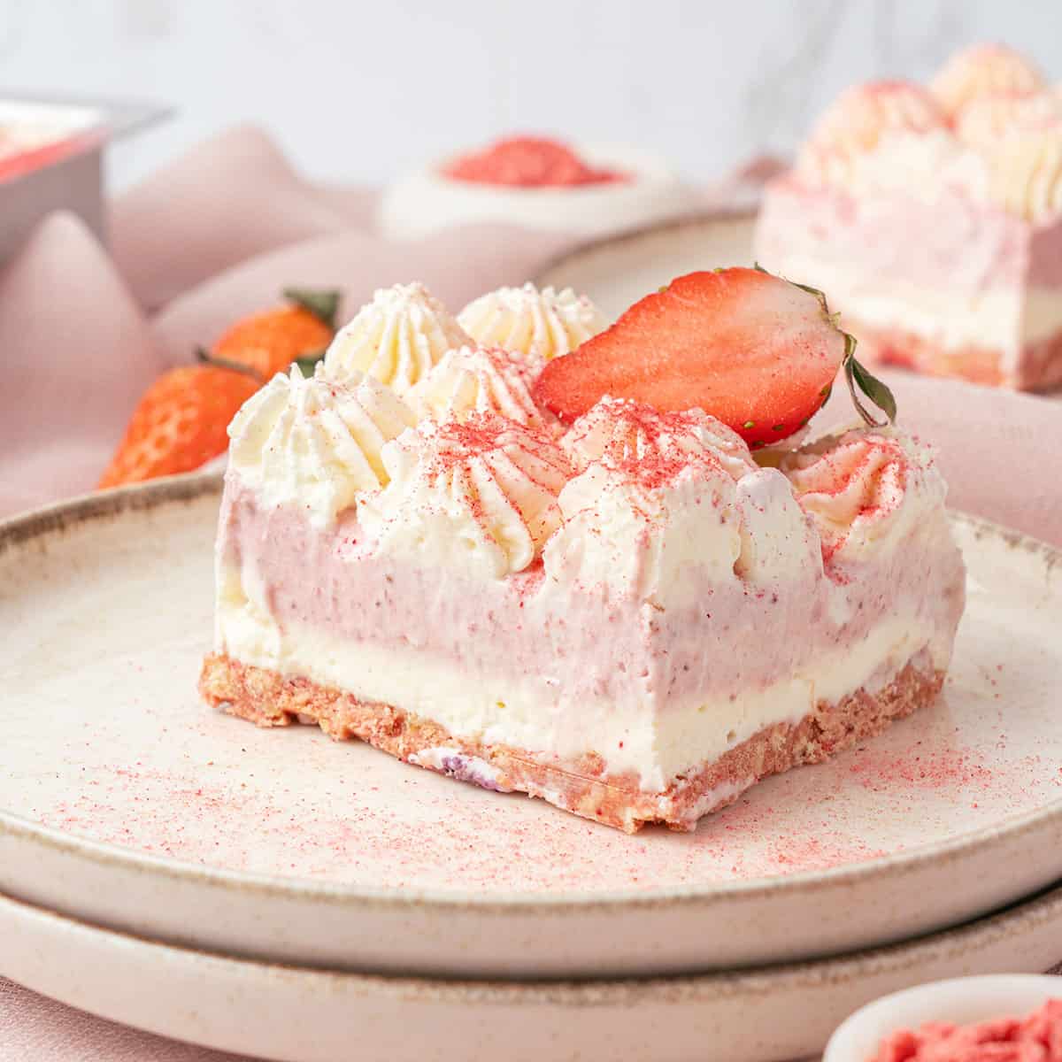A slice of Strawberry Lasagna cake.