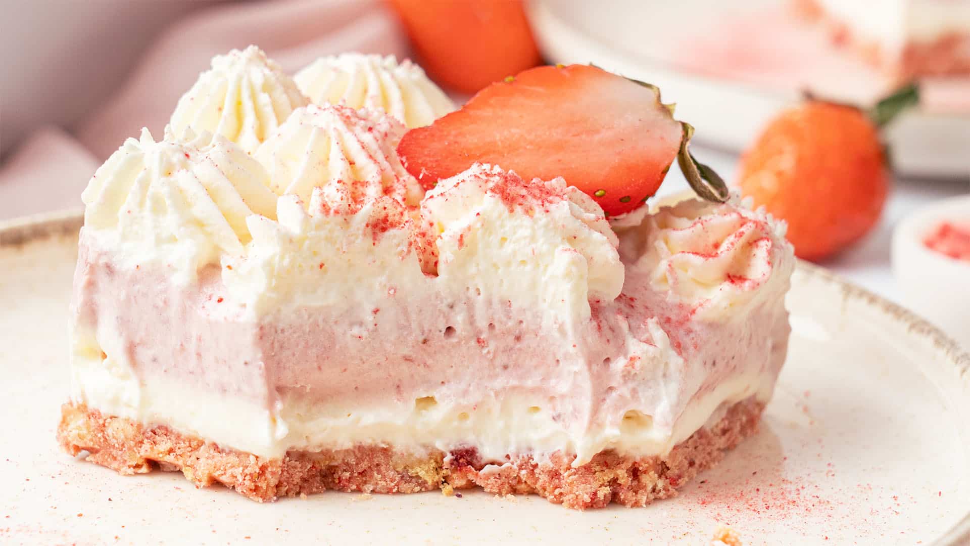 A slice of Strawberry Lasagna cake.