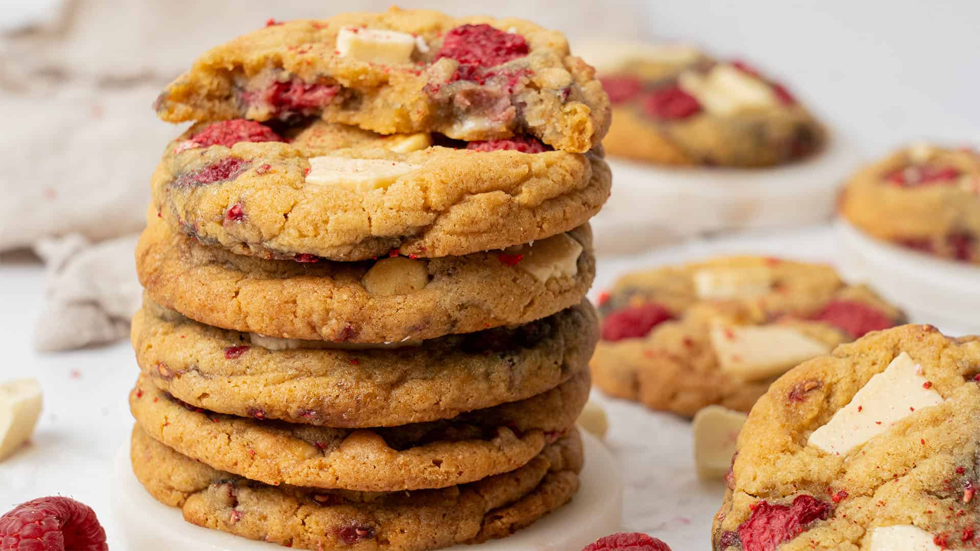 White chocolate raspberry cookies on top of each.